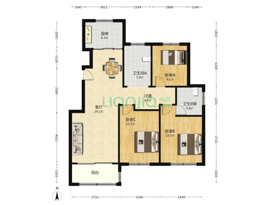 七里庙小区三区 3室1厅2卫 128平方