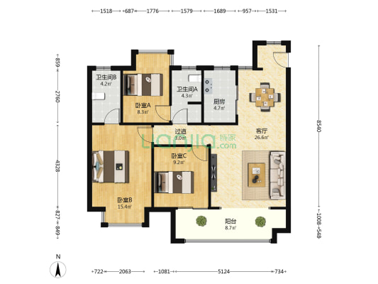 联发时代天悦 3室1厅2卫 105平方