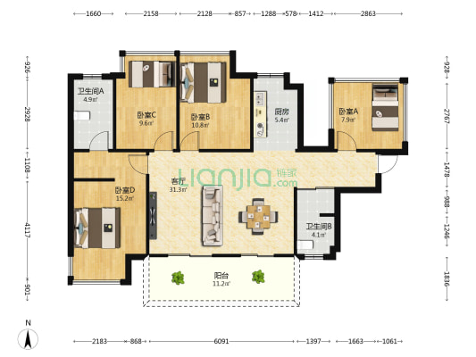 美的新希望锦云湖光 4室1厅2卫 108平方