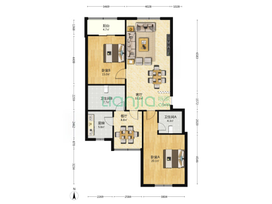 农商银行宿舍 2室2厅2卫 114平方