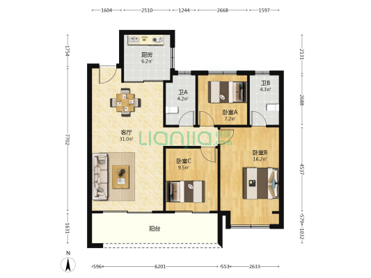中锐星公元 3室1厅2卫 115平方