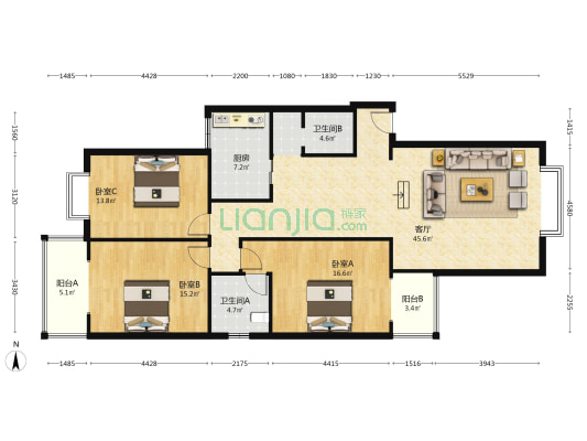 王府春天花园 3室1厅2卫 135平方