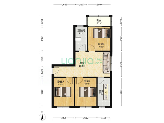 梨儿园小区BC栋 3室1厅1卫 69平方