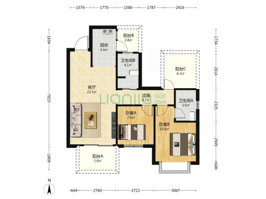 当代锦园MOMA 2室1厅2卫 87平方