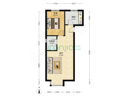 此房有本随时过户，采光好视野好，南北通透一居室-户型图