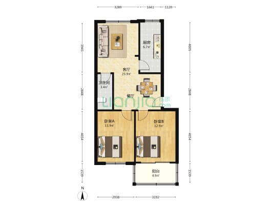 输变电厂宿舍 2室1厅1卫 57平方