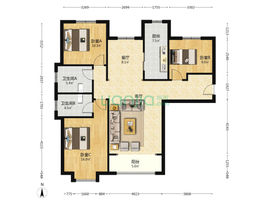 高铁新干线 3室1厅 南 北-户型图