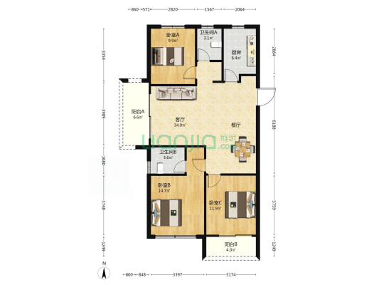 群升左海悦 3室1厅2卫 121平方