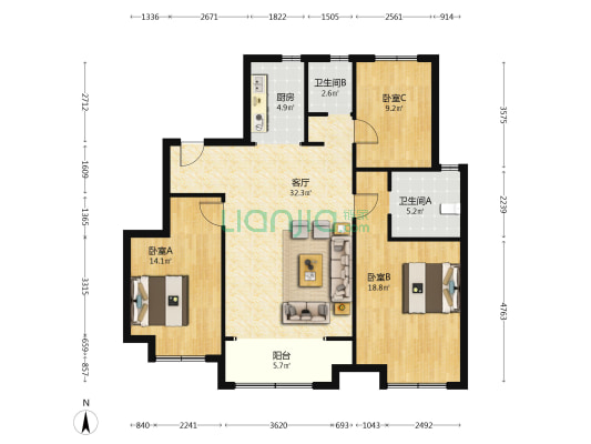 万达·光辉十里 3室1厅2卫 132平方