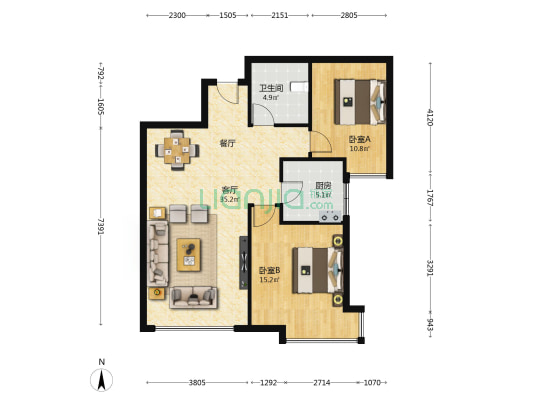 倚能城市之光 2室1厅1卫 96平方