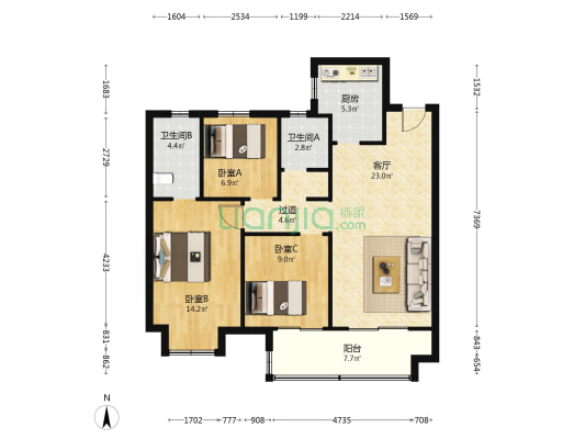 海伦堡金科东方美院三期（海伦堡金科·美院） 3室1厅2卫 105平方