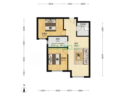 高铁新干线 2室2厅 南-户型图