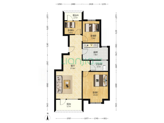 洋房 央企社区人车分流 一梯两户南北通透三居-户型图