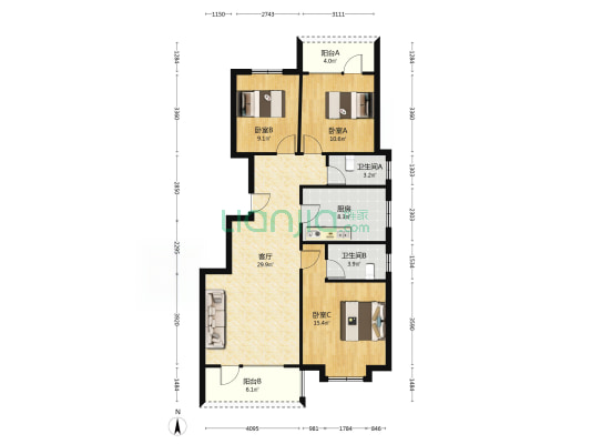 洋房 央企社区人车分流 一梯两户南北通透三居-户型图