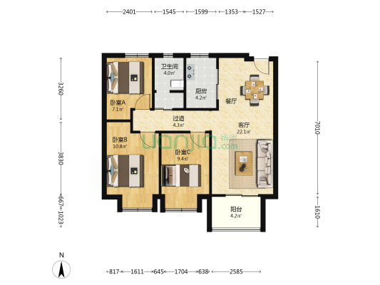 保利明玥晨光 3室1厅1卫 90平方