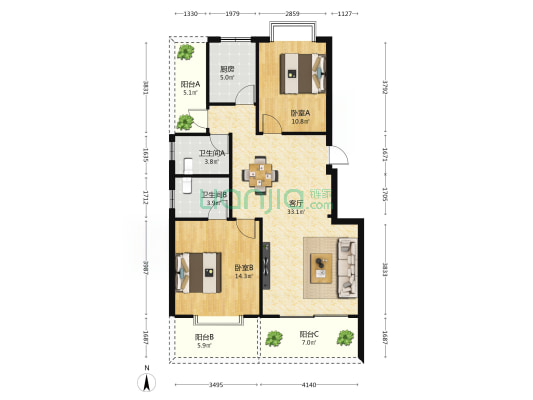 南海绿洲 2室1厅2卫 100平方