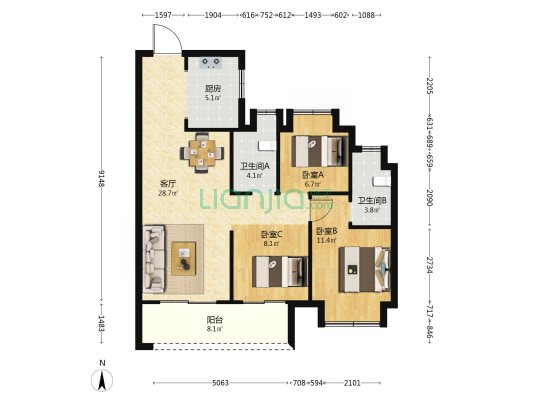 宝业璞园 3室1厅2卫 95平方
