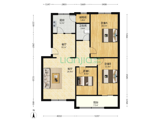 满五唯一，南北通通，三阳开泰户型，采光视野无遮挡，-户型图