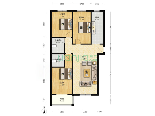 华阳风景 3室2厅 南 北-户型图