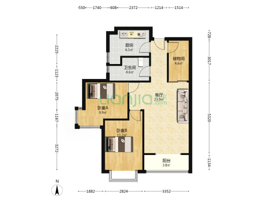 联合七号院  中高好楼层  精装修 两居室-户型图