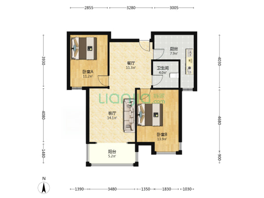 范阳路金品时代自住精装修两居室三阳开泰户型拎包入住-户型图