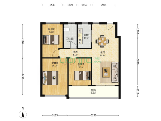 嘉致峰庭 3室1厅1卫 103平方