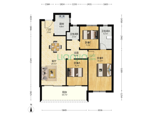 越秀天悦江湾 3室1厅2卫 102平方
