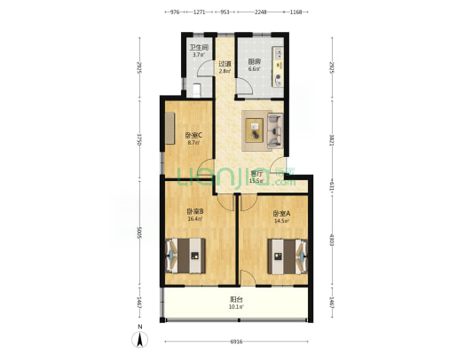 宁海中路2号 3室1厅1卫 93平方