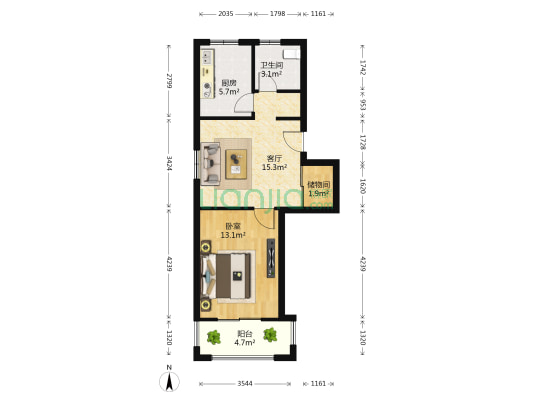 爱家新城 1室1厅1卫 53平方