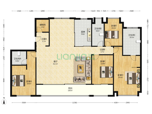 金基瞻月府 4室1厅3卫 221平方