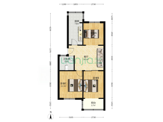 晨光小区 2室1厅 南 北-户型图