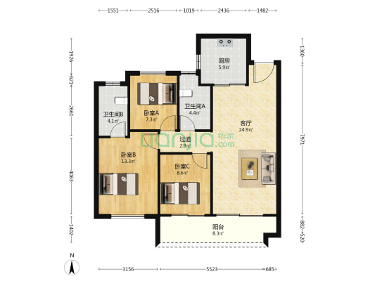 武汉万达文旅城 3室1厅2卫 97平方