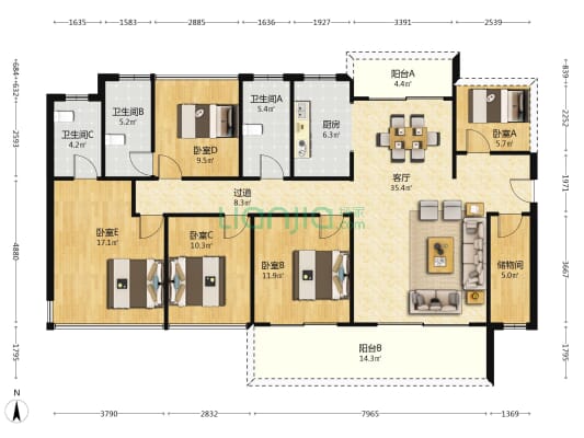 德威江誉诚花园五期 5室1厅3卫 164平方