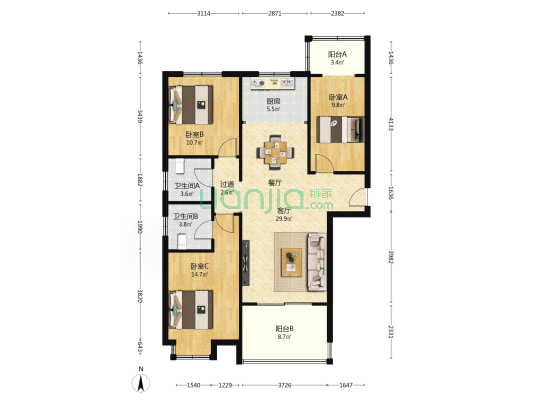 凤城御井园 3室1厅2卫 125平方