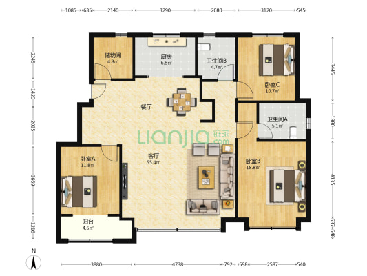 天宸庭苑 3室1厅2卫 150平方