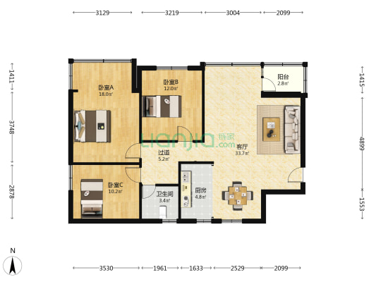 广西邮电大院住宅区 3室1厅1卫 121平方