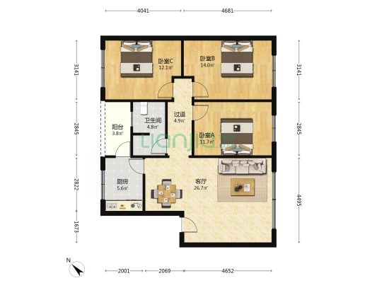 建设路二段207号 3室1厅1卫 105平方