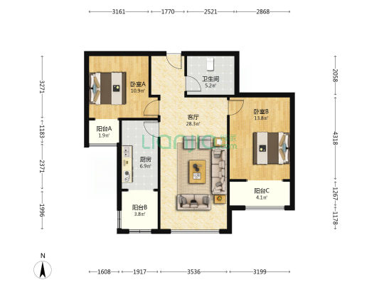 金竹花园  南向两居室 房本满五唯一-户型图