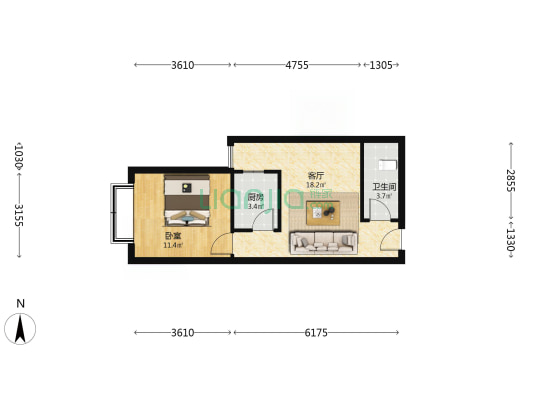 华阳路电梯房 正规一居室 家具家电齐全，拎包入住-户型图