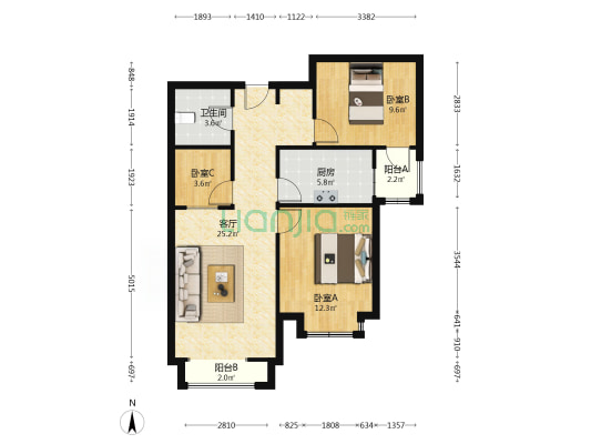精装全阳两居室，中高楼层，采光好，视野开阔.。-户型图