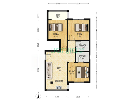 西木头市78号 3室1厅2卫 61平方