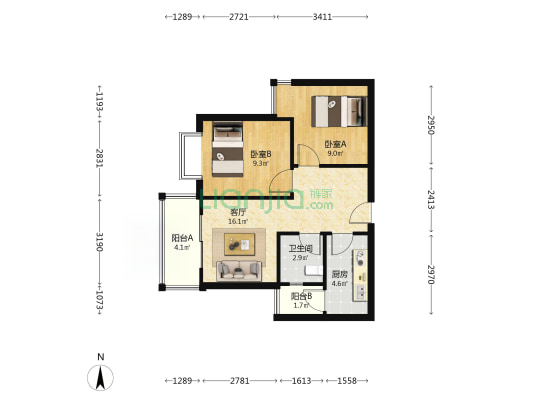 万圣家园B区 2室1厅1卫 66平方