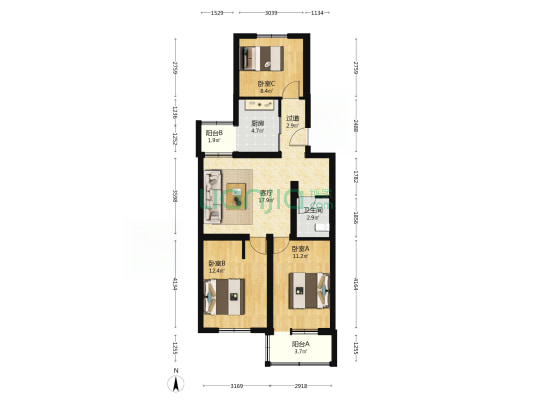 中国农业大学家属院北区 3室1厅1卫 86平方