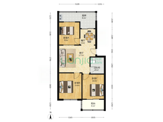 矿山四处家属院 3室2厅1卫 88平方