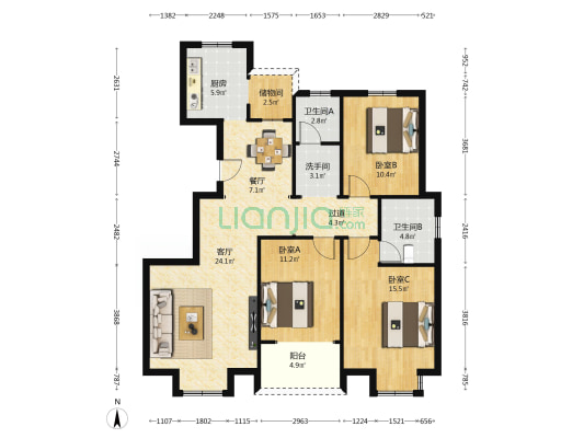 水岸花园西园 3室2厅3卫 125平方