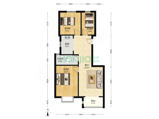 一梯两户 南北通透 三居室 中高楼层采光很好-户型图