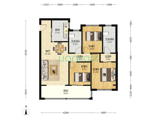 芳华名邸 3室1厅2卫 103平方