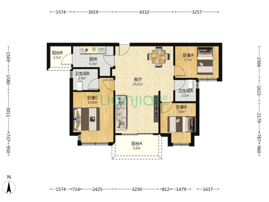天麟·天悦 3室1厅2卫 96平方