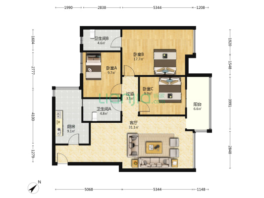 丽都滨河五期 3室1厅2卫 109平方