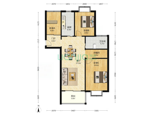 天熙公寓 3室1厅1卫 103平方
